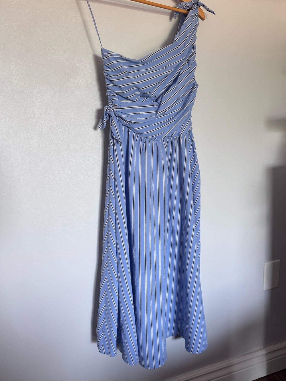 A.L.C. Light Blue and White Striped One-Shoulder Midi Dress